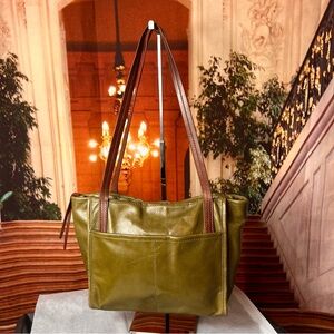 HOBO Chance Olive Green Leather Tote Bag with Brown Straps, Butter Leather
